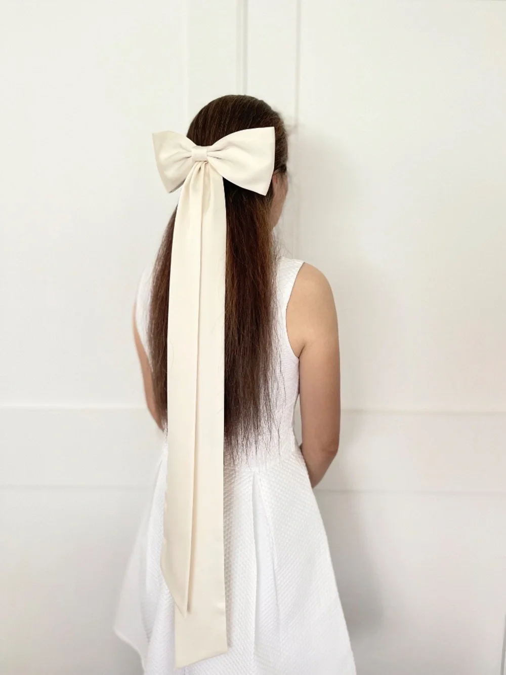 Handmade White Satin Wedding Hair Bow with Long Tails